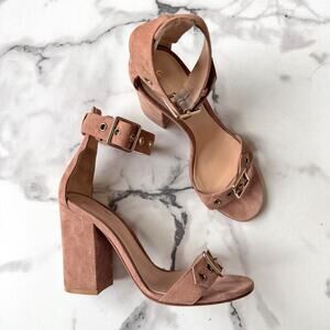 Gianvito Rossi Hayes Tan Suede Buckle Sandal Heels Size 37.5